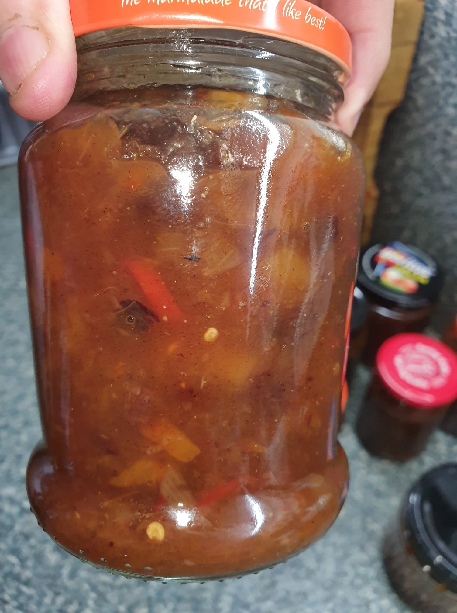 Image of finished chutney inside a jar.